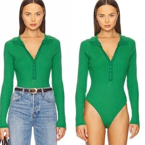 Free People Ready For It Green Ribbed Knit Henley Bodysuit with Ruffle Edges Lg